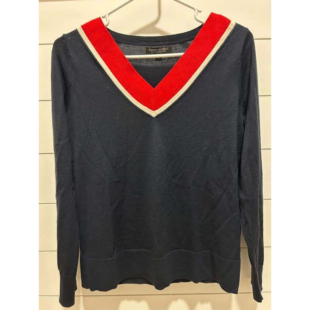 Banana Republic Merino Varsity Sweater Navy Blue Red White V-Neck Small Preppy